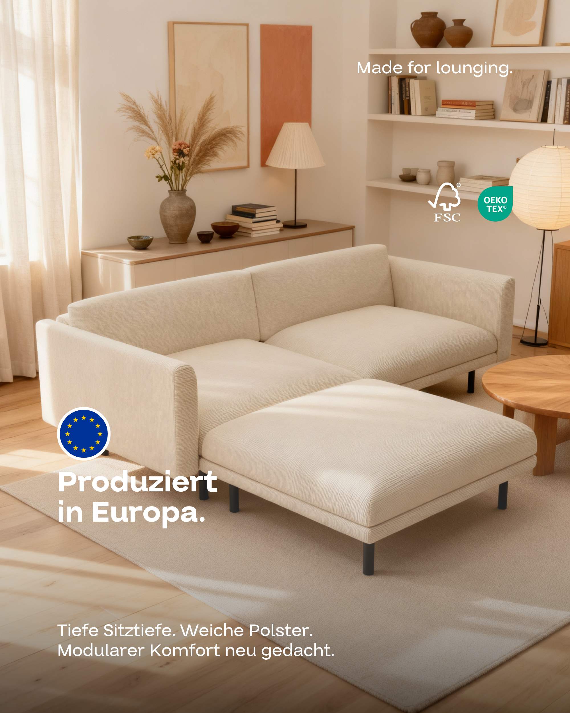 Modular sofa Aera 2.5-seater with ottoman and sleeping function